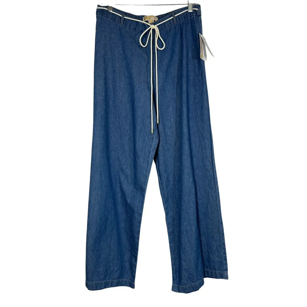 $125 NWT Michael Kors Sz M Pants Chambray Med Blue Wide Leg Pull On Rope Tie New